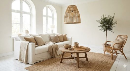 Een licht Scandinavisch-Mediterraans interieur met een witte bank, linnen kussens, een houten salontafel en een rotan stoel op een wit houten vloer.